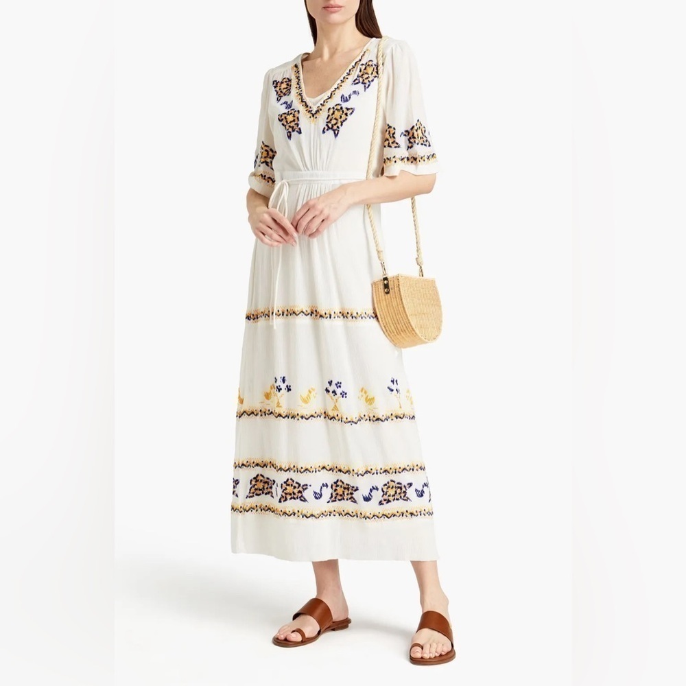 ANTIK BATIK Small/38 Miguel belted embroidered crinkled cotton-gauze maxi dress